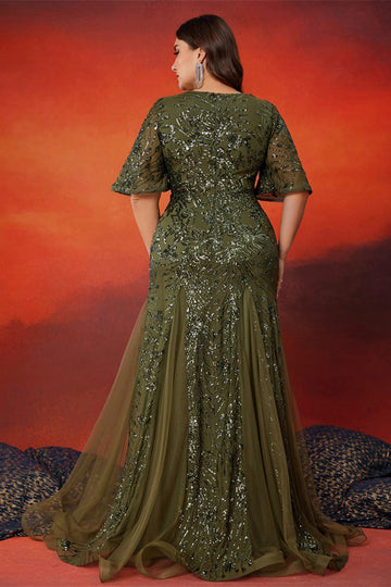 Sparkly Olive Mermaid Tulle Long Mother of the Bride Dress